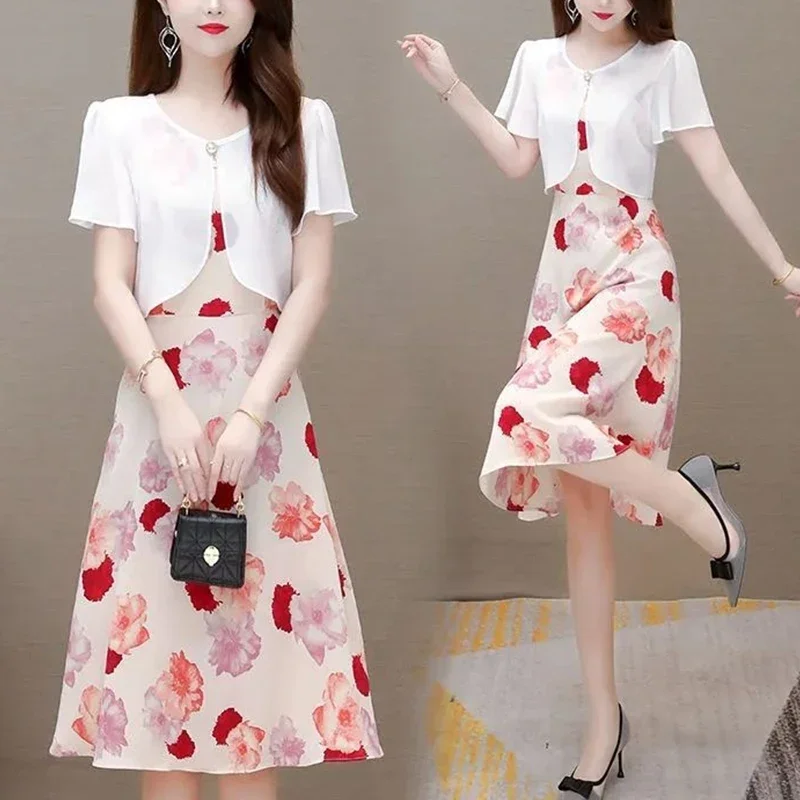 2024 Summer New women's Floral Printed Fake Two Pieces Vestidos Ladies Casual Fashion manica corta Midi Robe Femme elegante Dress