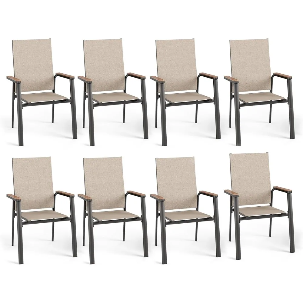 Outdoor Stackable Dining Chairs Set of 8（Beige,Lightweight Aluminum Frame with Textilene Fabric & Wider Armrest,Easy to Store,P