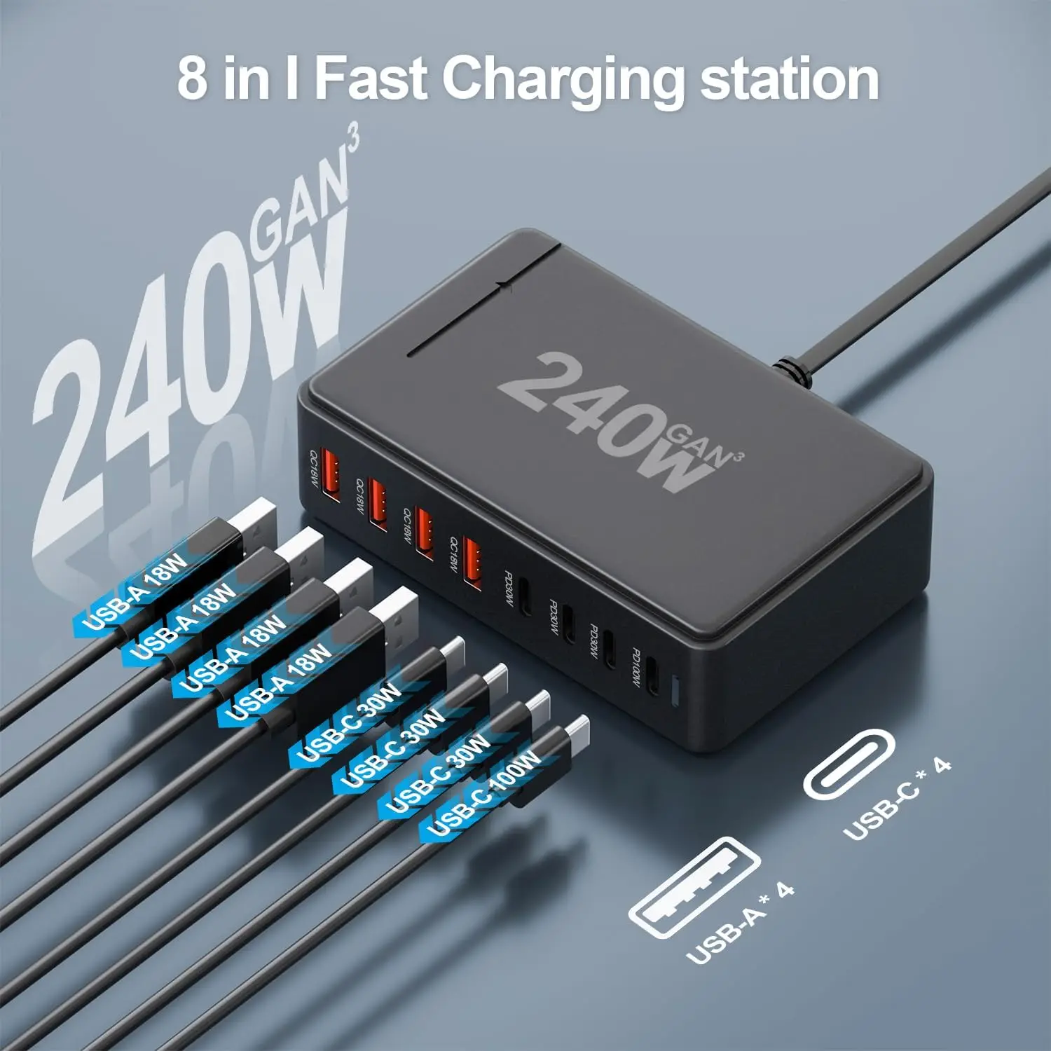 240W Desktop GaN Charger 8-port USB Type C PD Charger Fast Charge 3.0 USB Type C Fast Charger For iPhone15 14 Mobile USB Charger