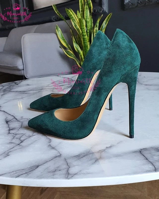 Escarpins à talons aiguilles pointus en cuir suédé pour femmes, chaussures provoqué à enfiler, talons hauts, bleu, vert, rose, sexy, grande taille 43, 12cm, 2023