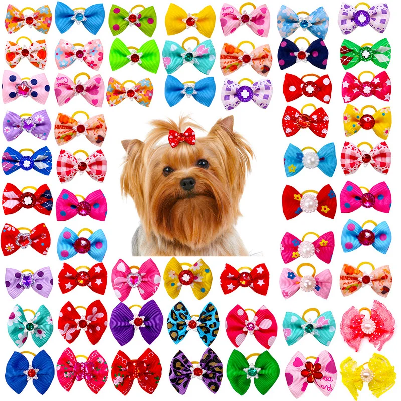 

10pcs/lot Hand-made Small Hair Bows For Dog Rubber Band Cat Hair Clips Boutique Valentine's day Pet Dog Grooming Accessories