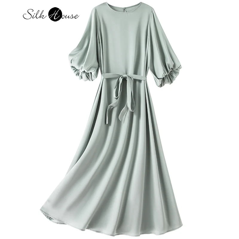 2023 Women\'s Fashion Summer New Solid Color Bud Sleeve Round Neck Double Qiao Satin Natural Silk Dress