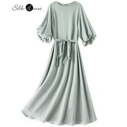 2023 Women's Fashion Summer New Solid Color Bud Sleeve Round Neck Double Qiao Satin Natural Silk Dress