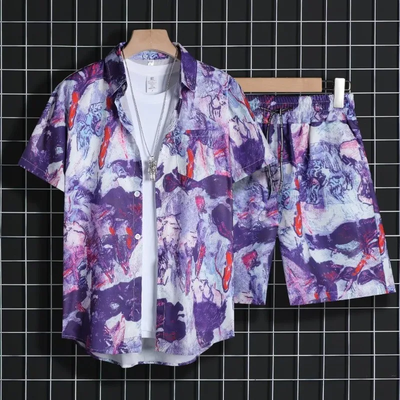 

Stylish Beach-shirts And Shorts Set for CouplesPurple Tops Breathable Relax Fit Ruched Drawstring V-neck Casual Wears Loose Type