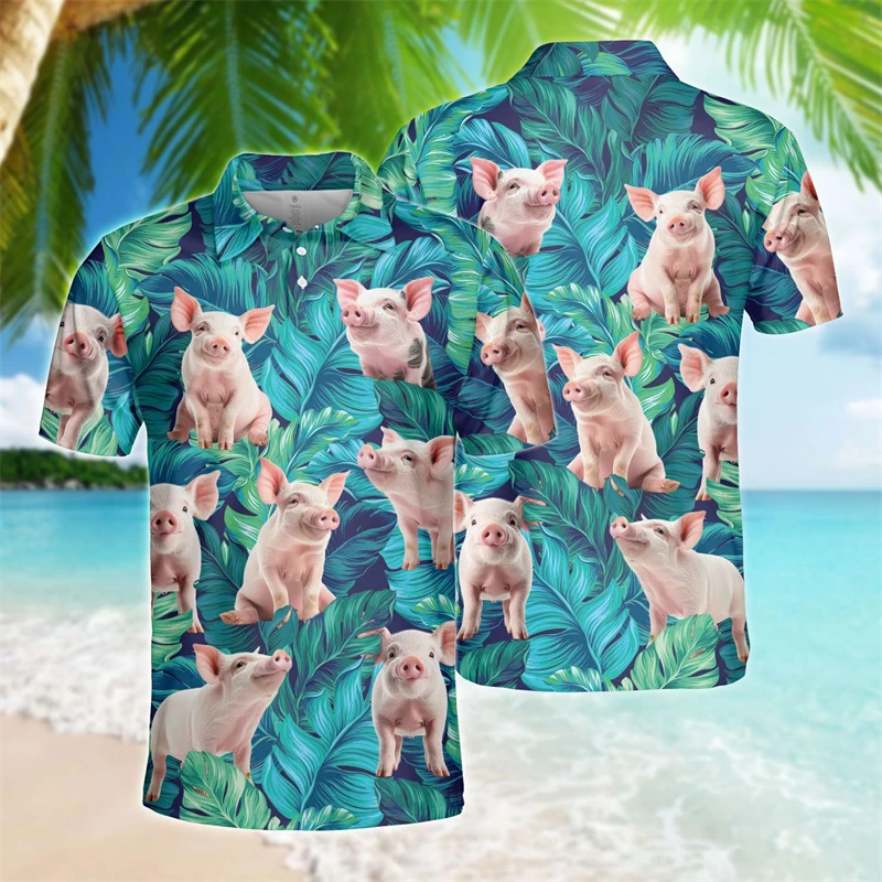 

Summer Cute Pig Graphic Short Sleeve Casual Hawaiian Women POLO Shirt Vacation Surf Polo Shirts For Men Clothes Kawaii Y2k Tops