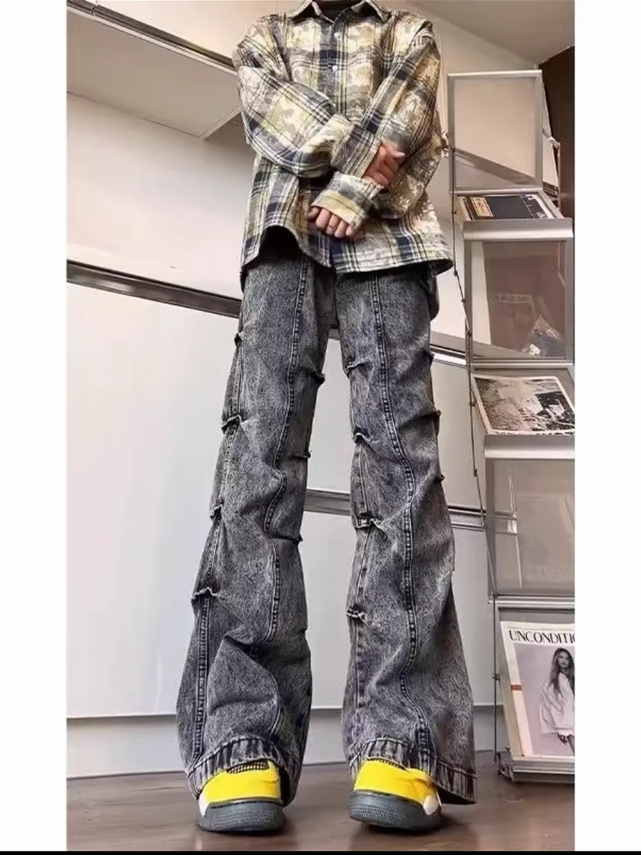 

Retro Distred Denim Jeans Men's Heavy Du Folded Design Slimming Bell Bot Bla ey Long Trousers Casual Straight Fit