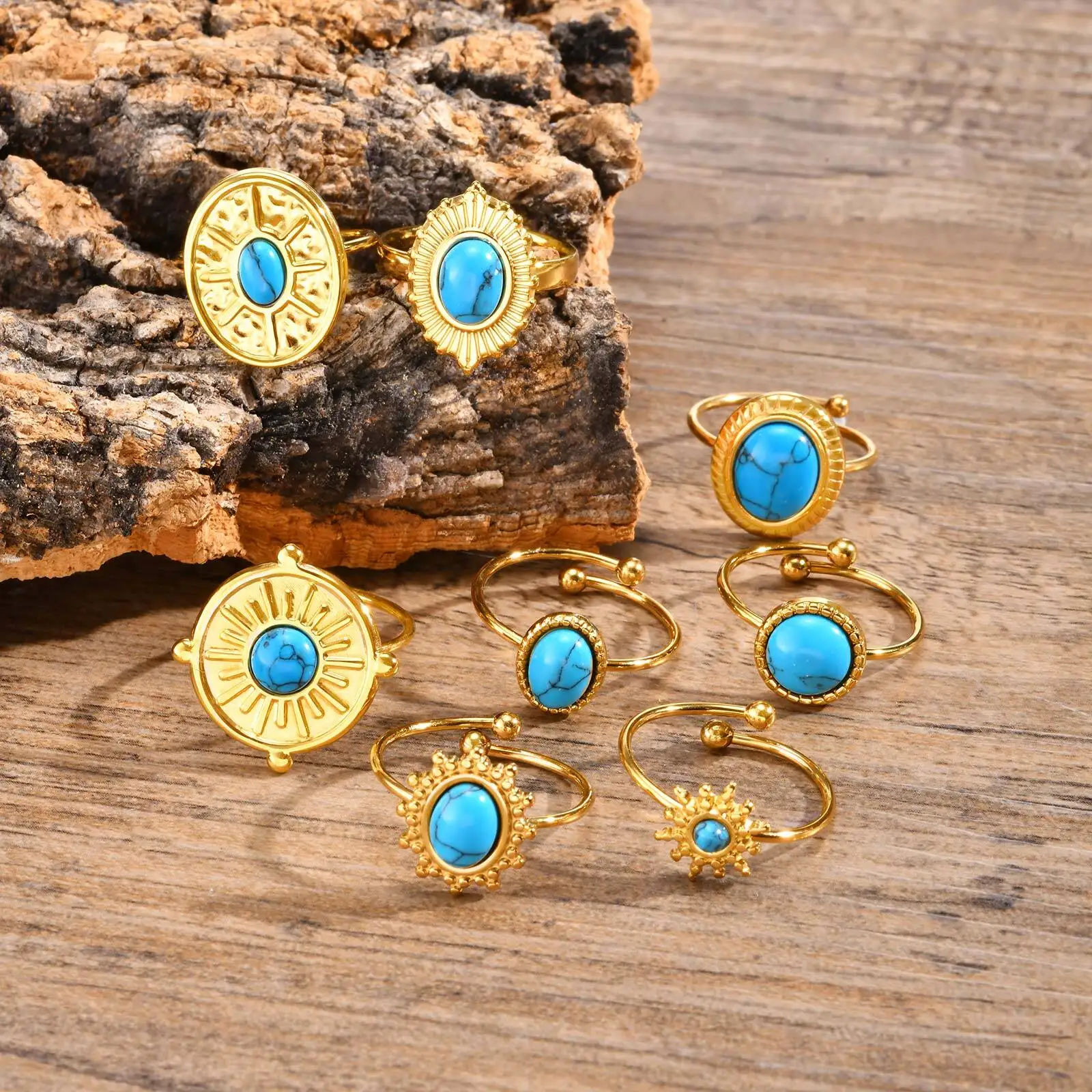 

Open Adjustable Natural Stone Stainless Steel Ring Women, Waterproof Stylish Turquoise Finger Jewelry