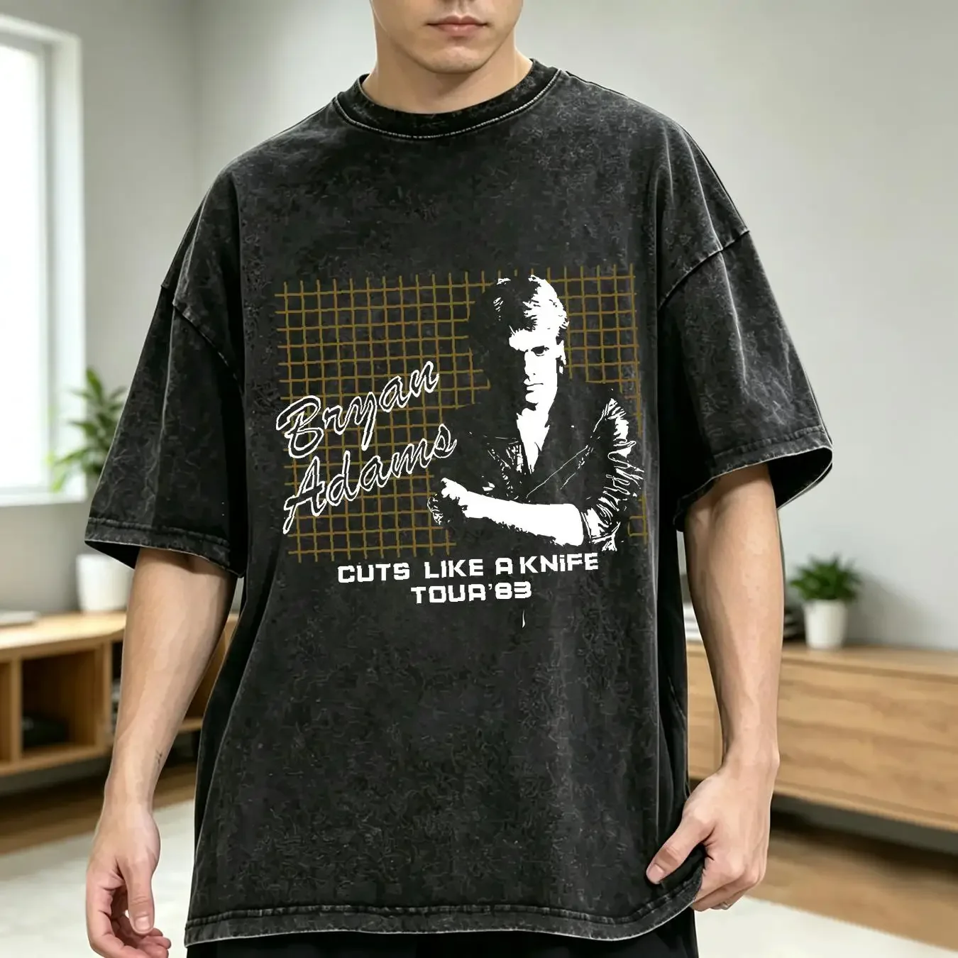washed T Shirt Vintage Bryan Adams Cuts Like a Knife Tour 1983 3A338 vintage Washed homme Versatile Slightly