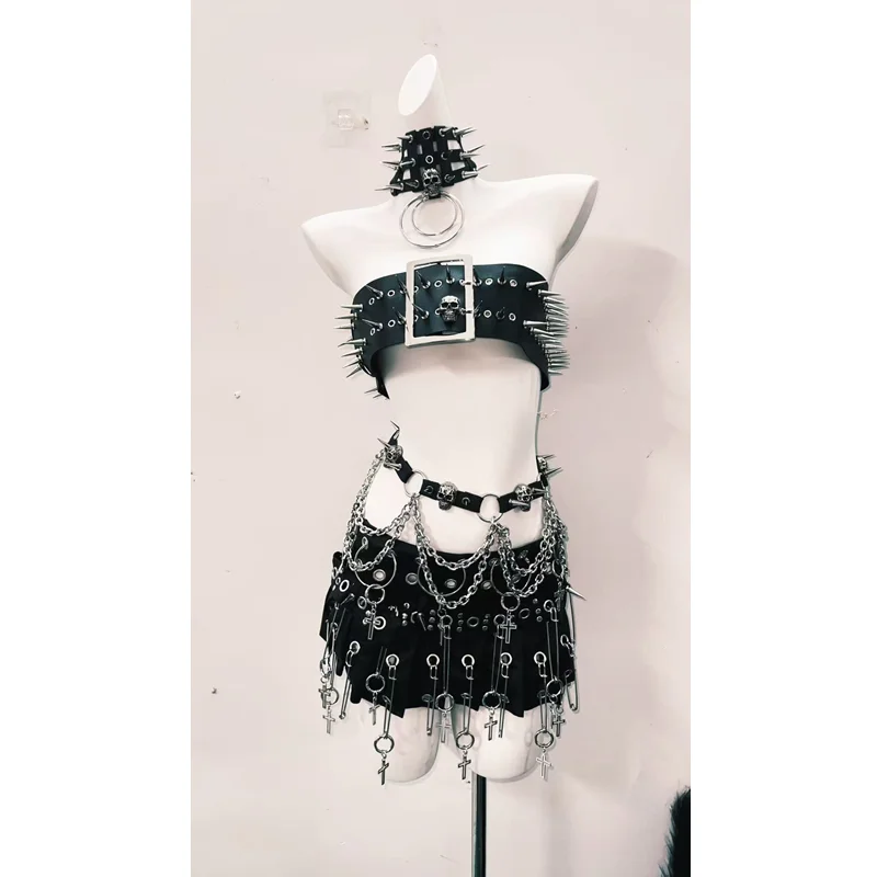Punk Heavy Metal Necklace Women Tube Top Goth New Waist Chain Hollow Out Sweet Cool Hot Girl Rivet Pleated Skirt Suit Ladies
