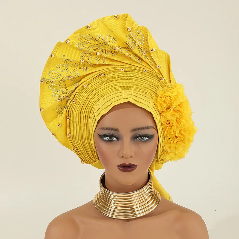 

2024 Newest African Diamonds Flower Turban Cap for Women Wedding Party Headwear Bonnet Hijab Hat Auto Gele Headtie Already Made