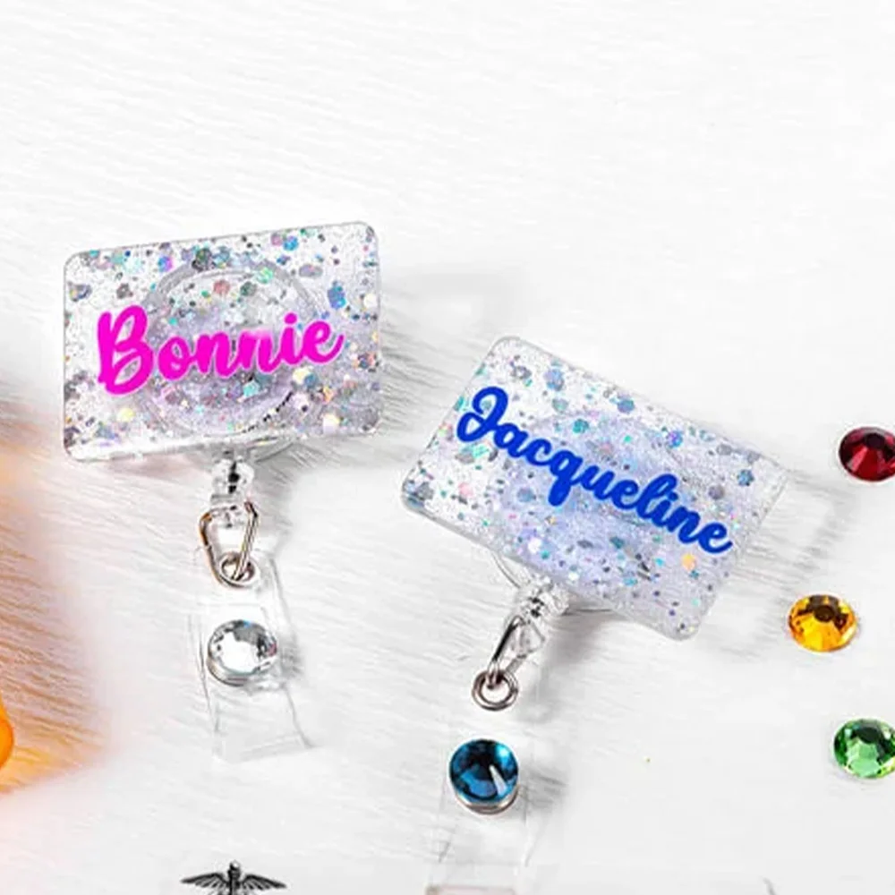 Personalized reflective nurse acrylic badge roll, acrylic name badge clip, with reflective design, colorful text and sequins, su