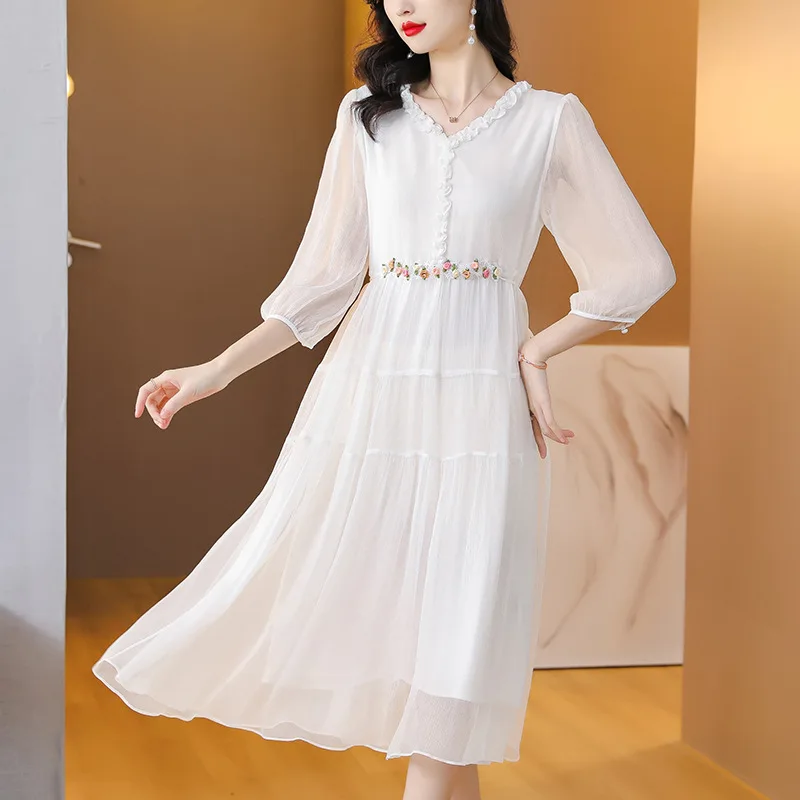 White Dress For Women Summer Lace Up V-Neck A-Line Long Dresses Holiday Beach Dress Streetwear Robe Femme Fashion New Vestidos