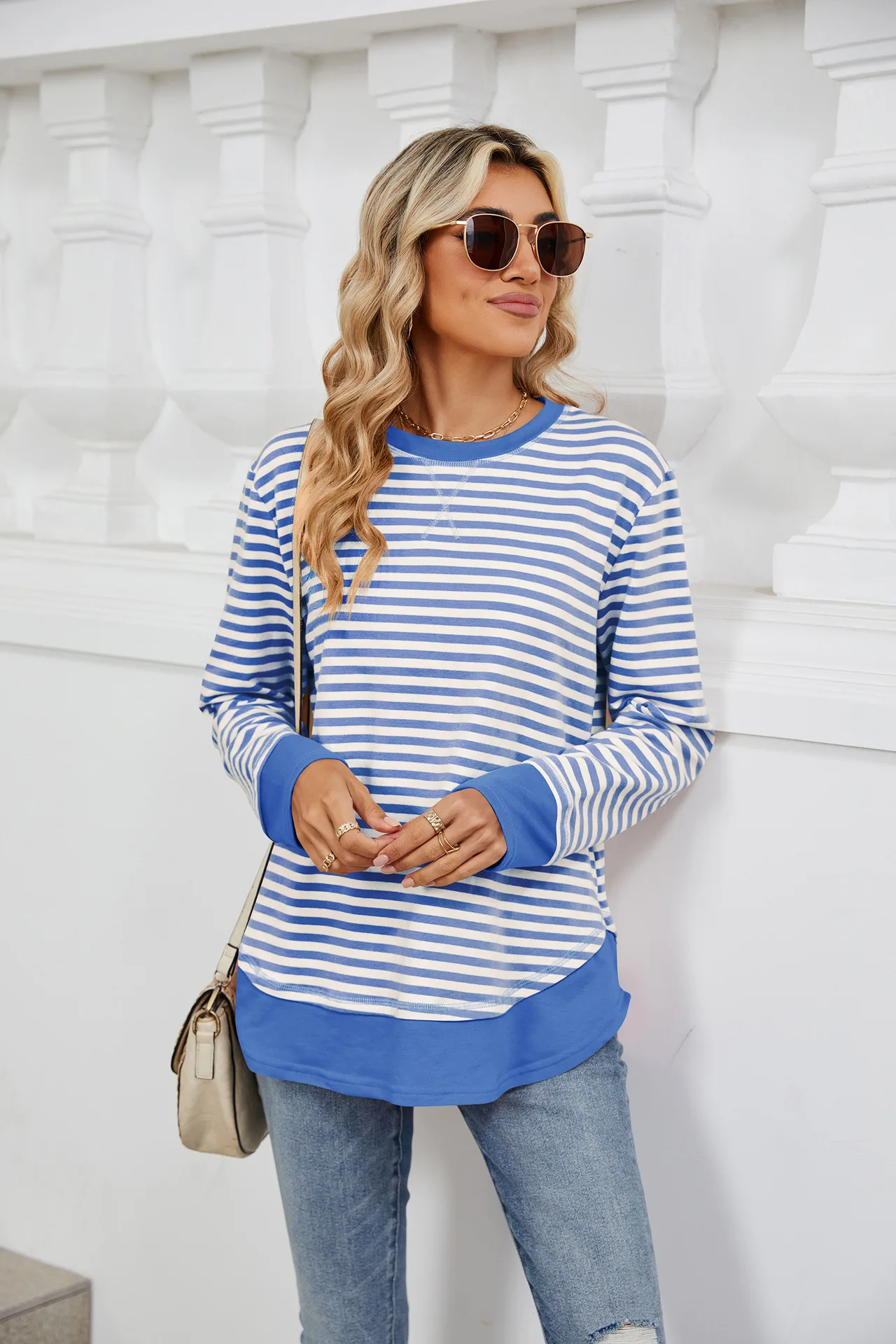 Pullover Sweatshirts Coats Women Jackets Color Biock Striped Long Sleeves Round Neck Loose Fit Slight Strech Casual 2025 Autumn