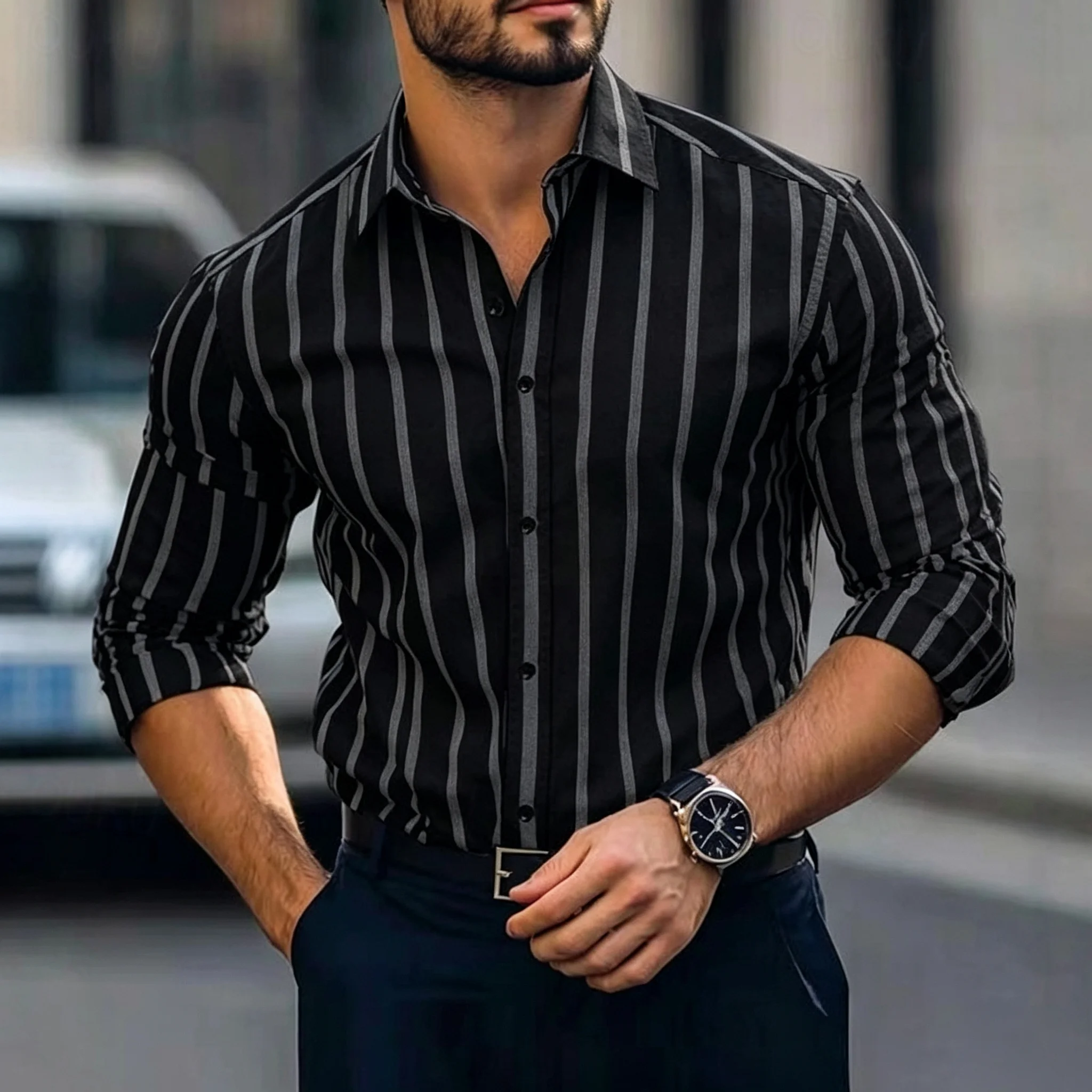 Men's Vertical-Stripe Long-Sleeve Shirt-Collared, Button-Down-Versatile Euro-American Style for Business-Casual Wear