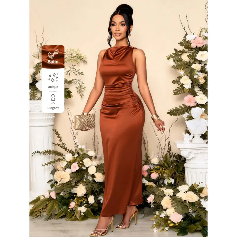 Summer New Style Women's Dress Satin Fabric Sleeveless Pleated Gown Party Dress Street Style Elegant Fashion Long Bodycon Dress