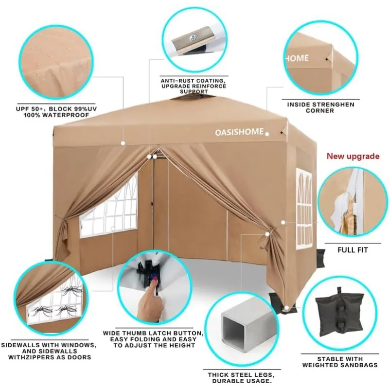 Pop-up Gazebo Instant Canopy Tent 10'x10', with 4 Sidewalls, Windows, Wheeled Bag, for Patio/Outdoor/Wedding Parties