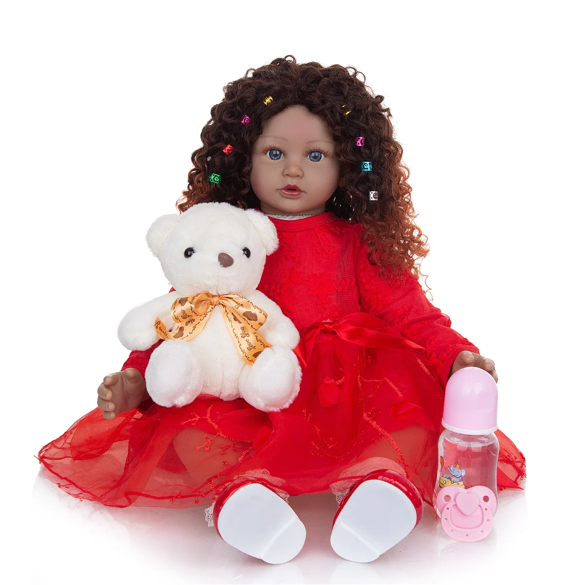 Cute 60CM Reborn Toddler Girl Soft Cuddly Body Handmade Collectible Art Doll Curly Hair Finished Baby Doll DIY For Kid Girl Gift