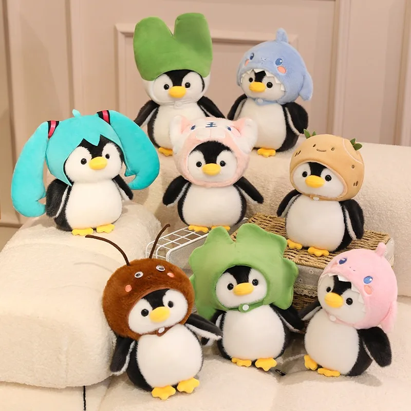 

20CM Cute Penguin Wear Hat Push Toys Cosplay Rabbit Panda Shark Capybara Frog Plushie Animal Doll Birthday Gifts Kids Girl