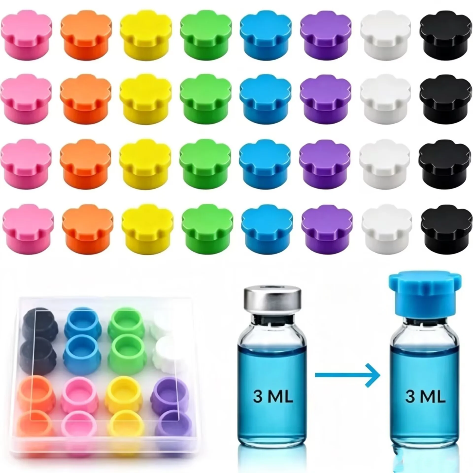 Peptide bottle cap, suitable for 3ml glass bottle, reusable silicone bottle cap, suitable for1/2/3 ml bottle