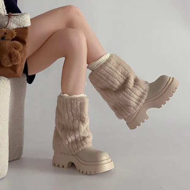 

LEDP Brand Woolly Snow Boots Women Winter Round Head Patchwork Warm Increase Thick Bottom Woolly Trousers Boots