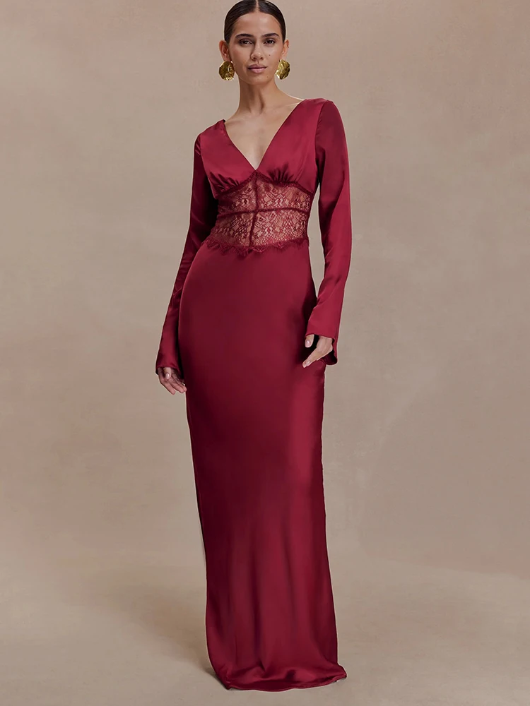 Sibybo – robe Maxi en Satin et dentelle pour femmes, décolleté en V profond, Patchwork, Sexy, manches longues, transparente, moulante, tenue de mariage, robes de soirée élégantes