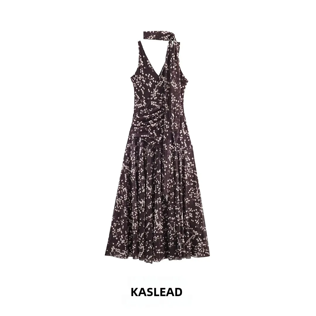 

KASLEAD Новое модное простое приталенное длинное платье в горошек из шелковой сетки, элегантное женское платье А-силуэта для города