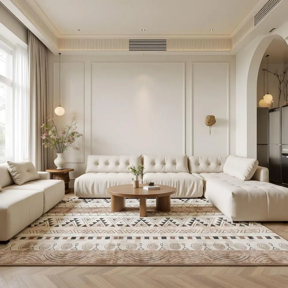 

8x10 Washable Low Pile Geometric Area Rug for Living Room, Bedroom, Dining Room - Non-Slip, Stain Resistant, Khaki