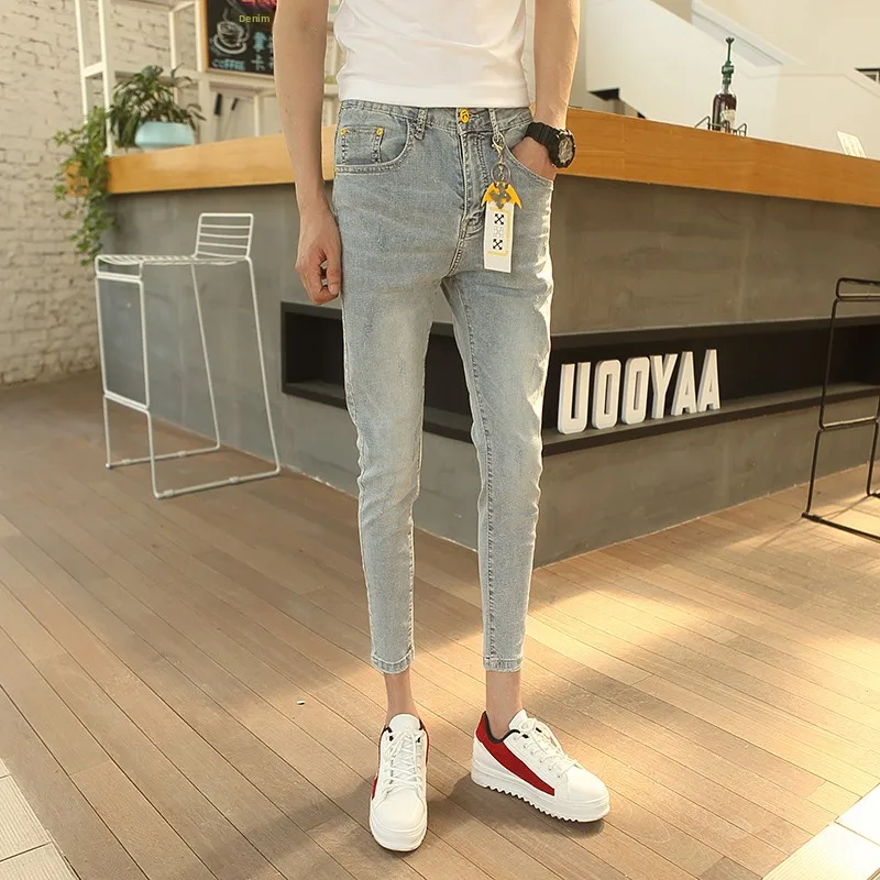 

Slim Fit Men's Jeans 26 Inch Small Size Nine Point Skinny Jeans Light Color Pencil Pants Casual Cotton Polyester Elastic Fiber