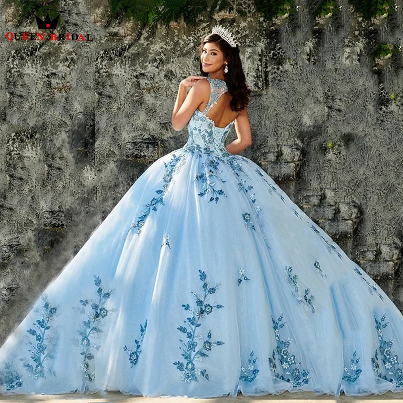 فساتين Quinceanera زرقاء سماوية ، فستان حفلة حديث ، مزخرف برقبة مغرفة ، بار ميتزفه ، حلو 16 تول ، مخصص ، ZZ14 ،