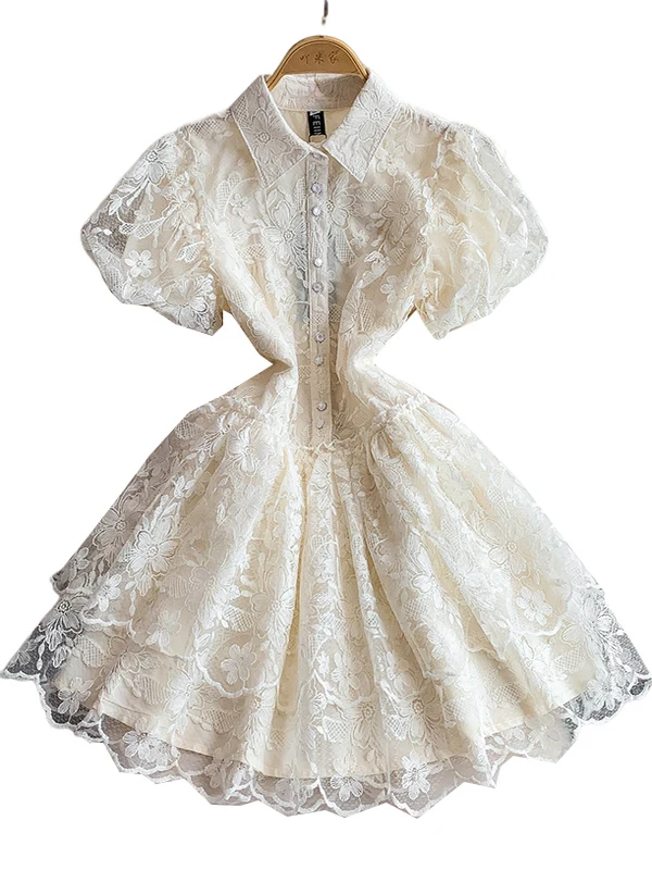 فستان صيفي نسائي بتصميم أميري مع ياقة مطرزة وأكمام منتفخة وزر واحد وتنورة ضيقة #4