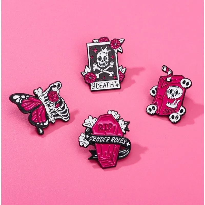 Unisex Punk Dark Pink Skull Brooch Flower Butterfly Ribs Zinc Alloy Badge DIY Clothes Bags Shoes Hat Scarf Tshirt Jeans Decor