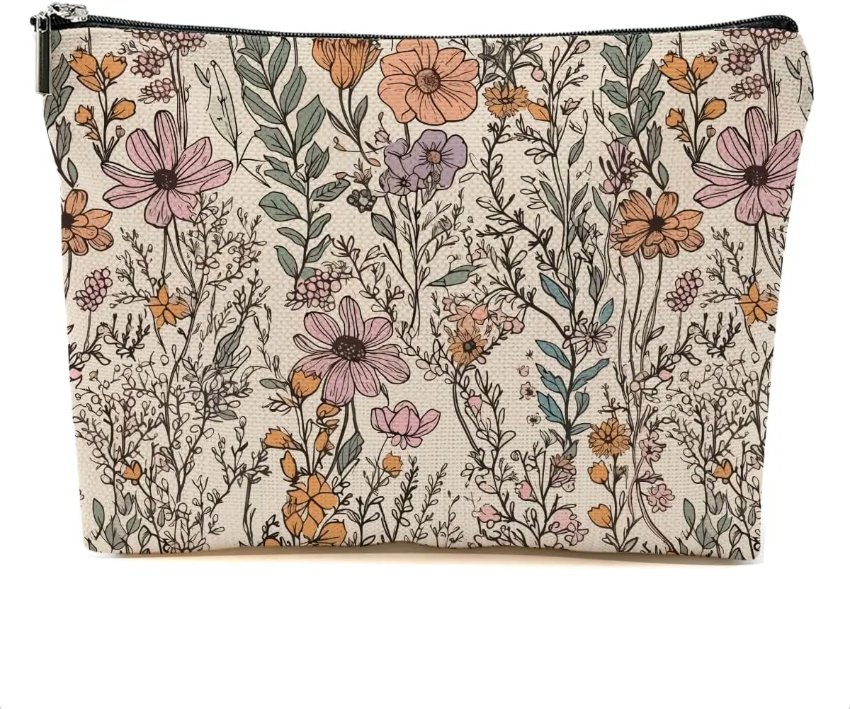 

Vintage Wildflowers Makeup Bag Floral Garden Flower Cosmetic Bag Friend Friendship Gifts for Women Zipper Pouch Gifts Female Bag