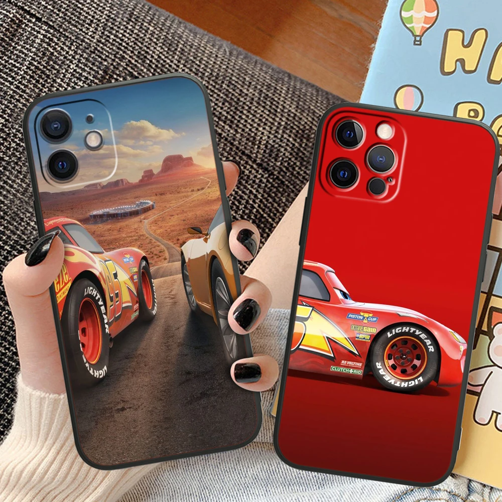 Cars Lightning McQueen For Apple iPhone 15 14 13 12 Mini 11 XS XR X 8 7 Pro Max Plus Soft Silicone Black Phone Case