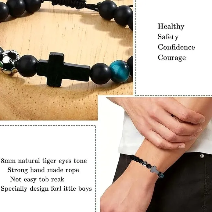 Black Frosted Stone Blue Tiger Eye Football Basketball Baseball Beaded Bracelet Adjustable Cross Men Women