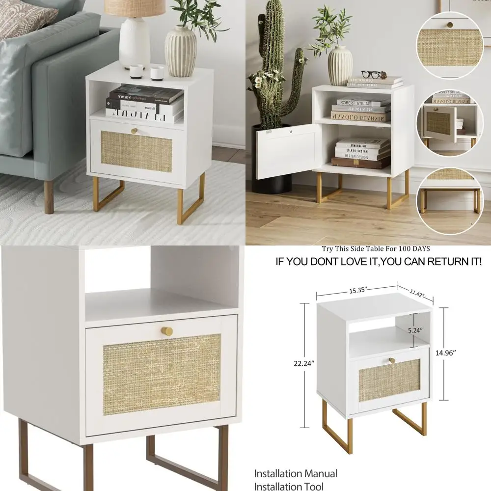 

Прикроватная тумба в стиле модерн с ротангом, ящиком и полкой - белый деревянный столик для спальни, гостиной, офиса