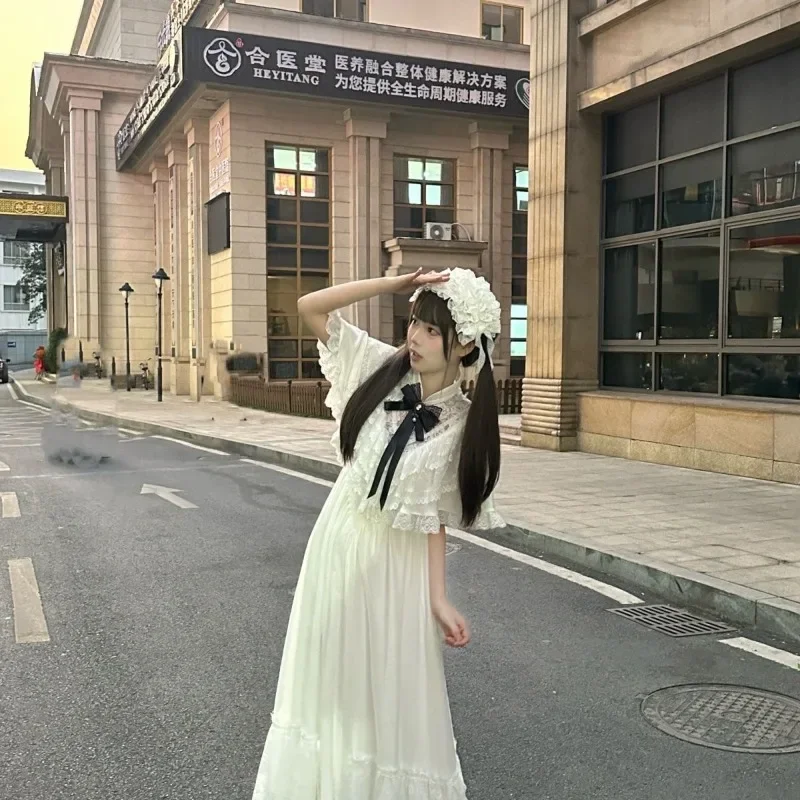 Verão japonês doce branco vestidos de renda 2025 novo duplo em camadas arco vestido para mulheres cintura fina manga curta vestidos mujer