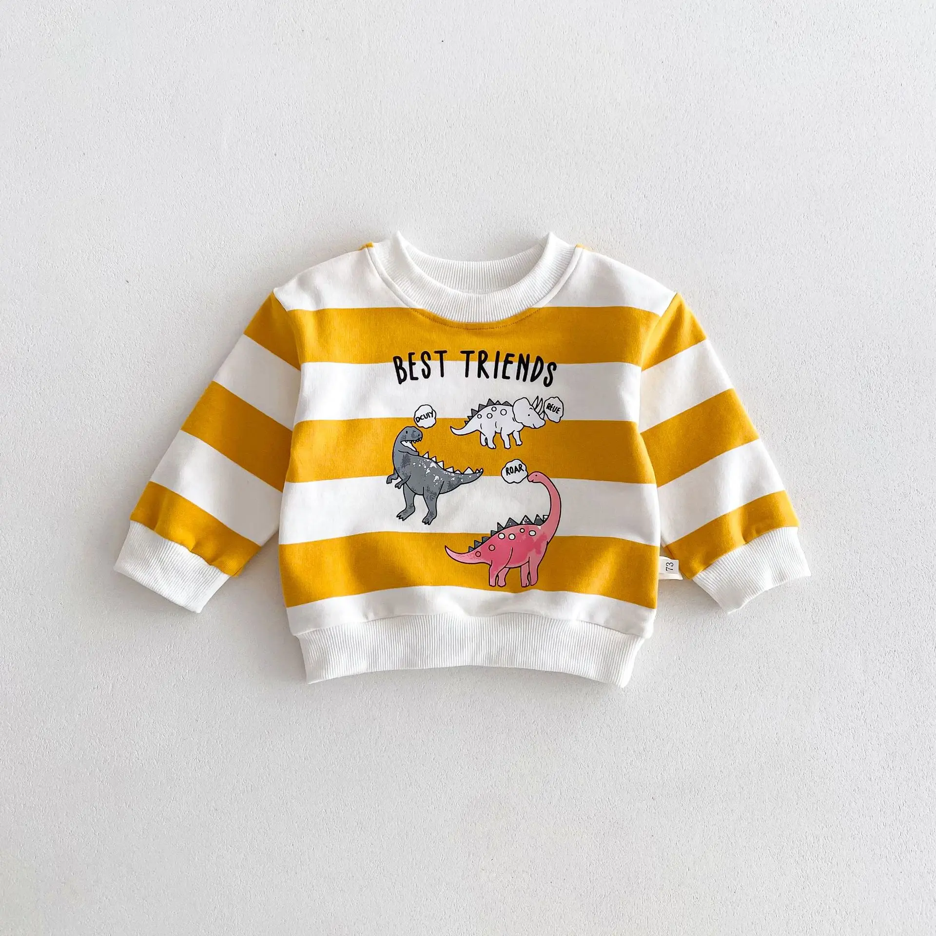 Autumn new male and female babies cute dinosaur print striped long-sleeved hoodie base shirt baby T-shirt Fashion Baby Clothing