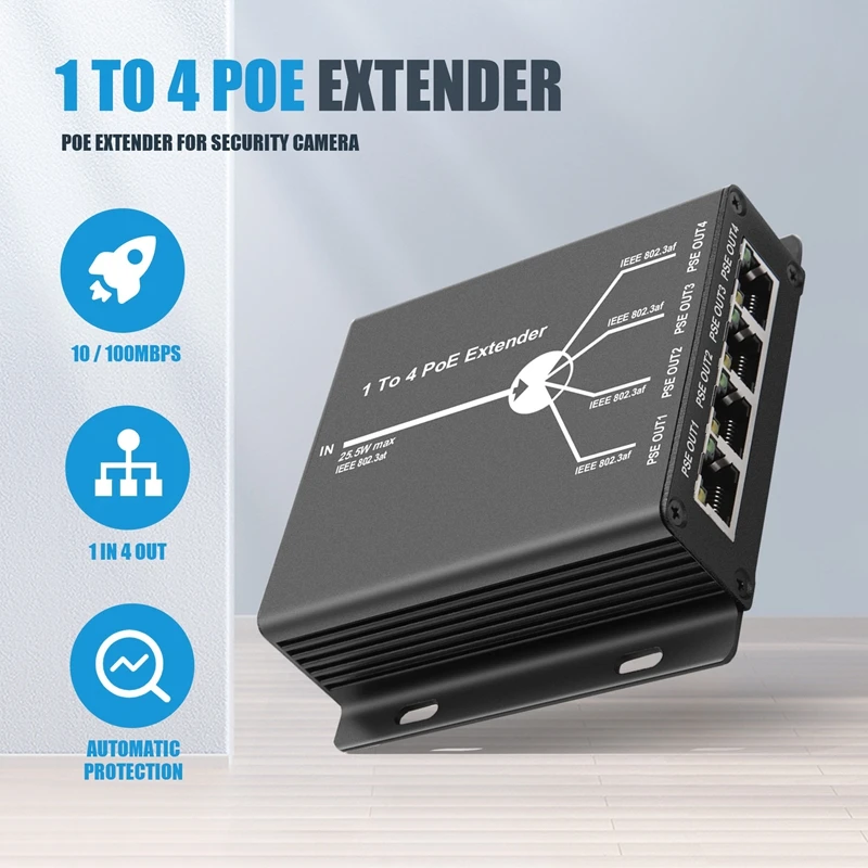 4 Port IEEE802.3Af Poe Extender untuk kamera IP memperpanjang jarak transmisi 120M dengan 10/100Mbps Port LAN 4 POE Extender