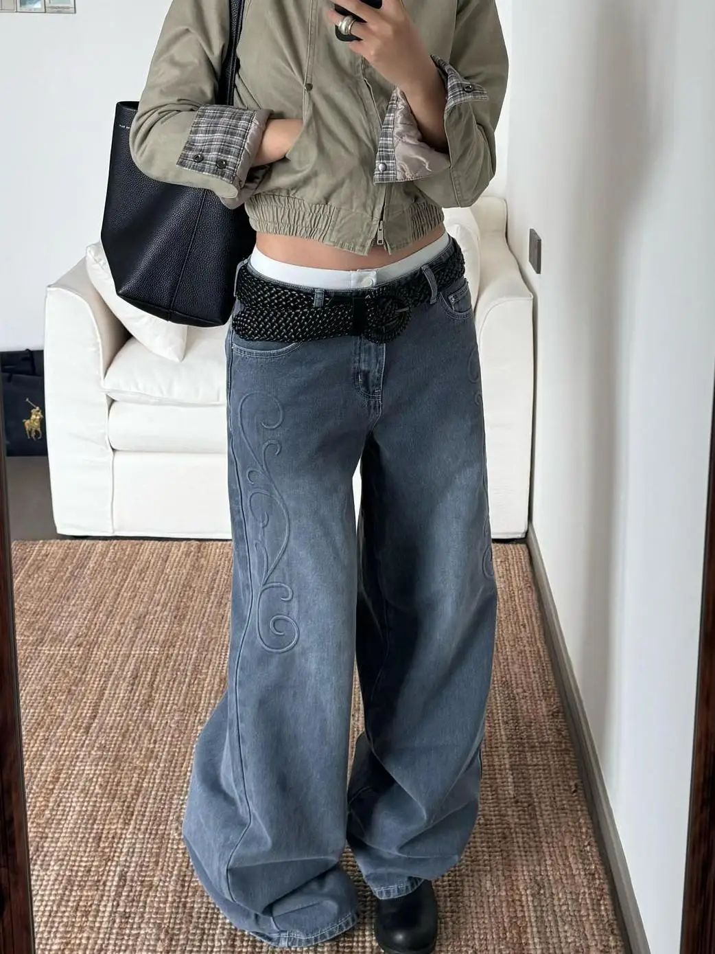 

Американские ретро-джинсы больших размеров с эффектом потертости и цветочным принтом для женщин, прямые свободные брюки с широкими штанинами в уличном стиле