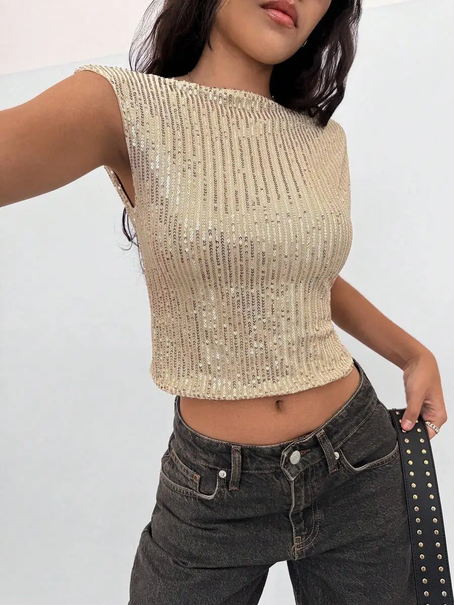 

Women's Shiny Sequin Crop Top, Sleeveless Backless Design for Party & Summer Events
