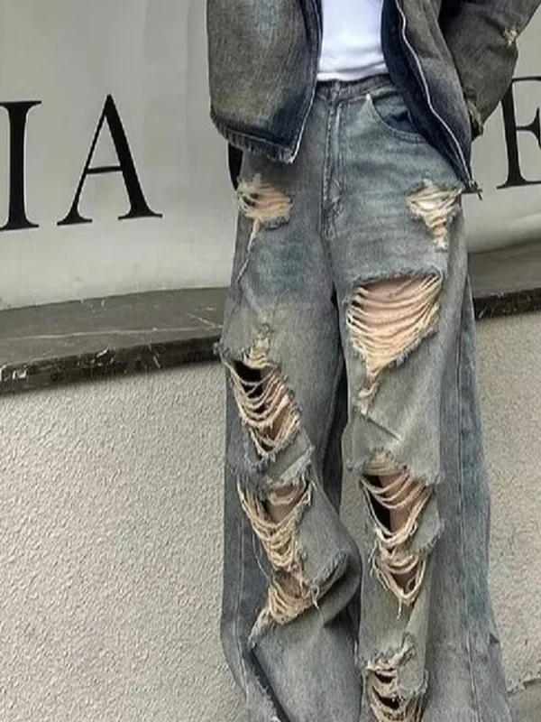 

Мужские джинсы с дизайном Waed Hole, летние американские джинсы High Street Sle, повседневные свободные прямые джинсы с высокой талией и девятью точками