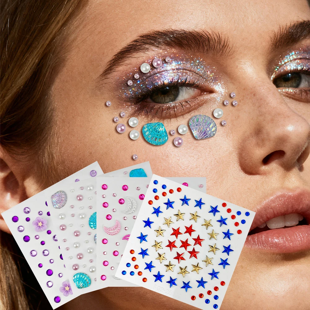 

1 шт. Самоклеящиеся стразы в виде морских ракушек, жемчужные бусины в форме луны/звезды, наклейки для лица в стиле русалки, аксессуары для карнавального макияжа