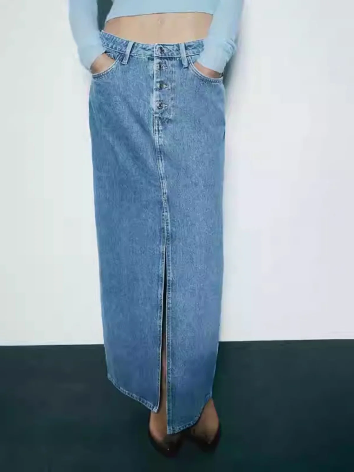 

Faionable Midi Denim Skirt High Waist A-Line Versatile Double Slit Autumn New Arrival Women's Clothing Ele Trendy