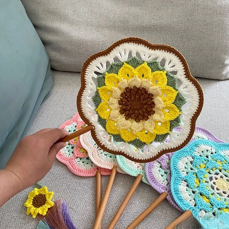 Crochet Hand Fan Cotton Yarn, Handmade Elegant Beautiful Vintage Chinese Round Fan with Tassel, Mother Day Home Decor Gift