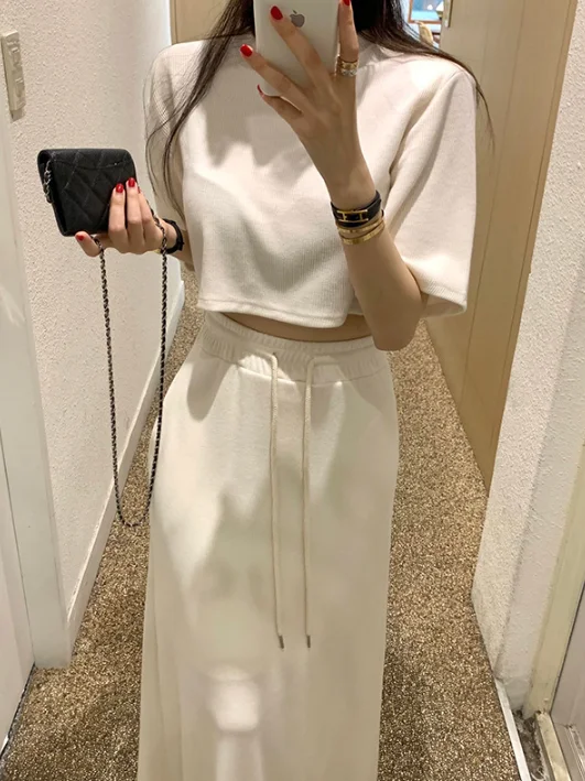 Chic Summer New Pure Color ort Sve T-irt High Waist Wide Leg Casual  Skirt Versatile High Waist Belted Wide Leg Ca...