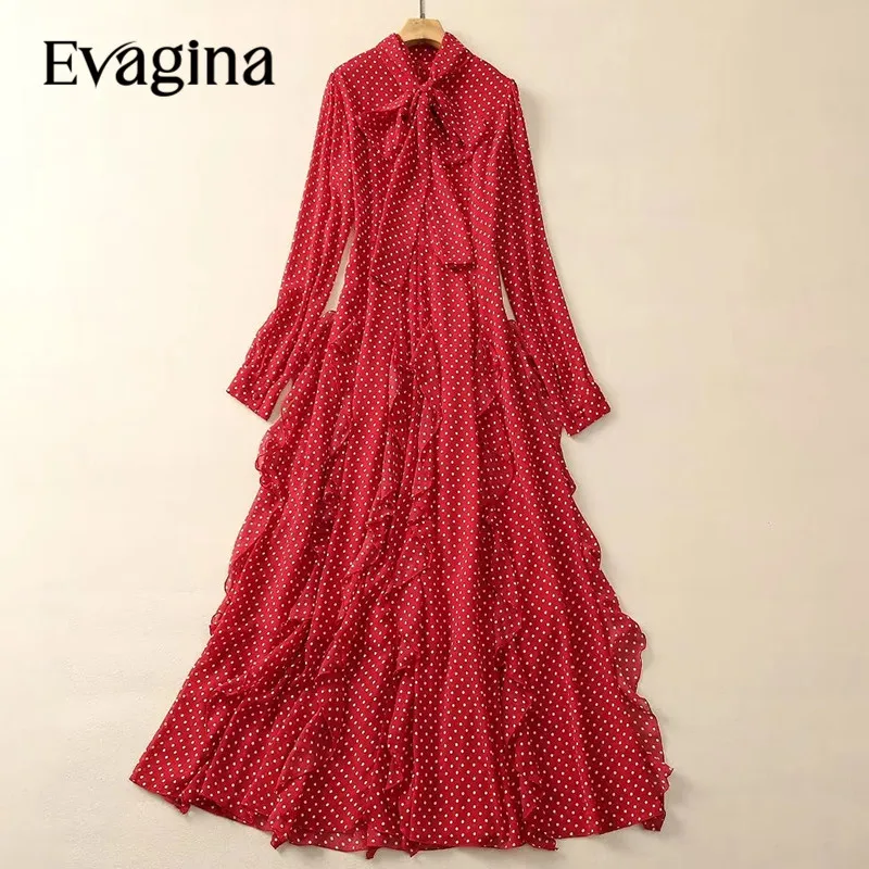 

Evagina New Fashion Runway Designer Women's Summer Stand-Up Collar Long Sleeved Red Polka Dot Patchwork Ruffled Chiffon Dress