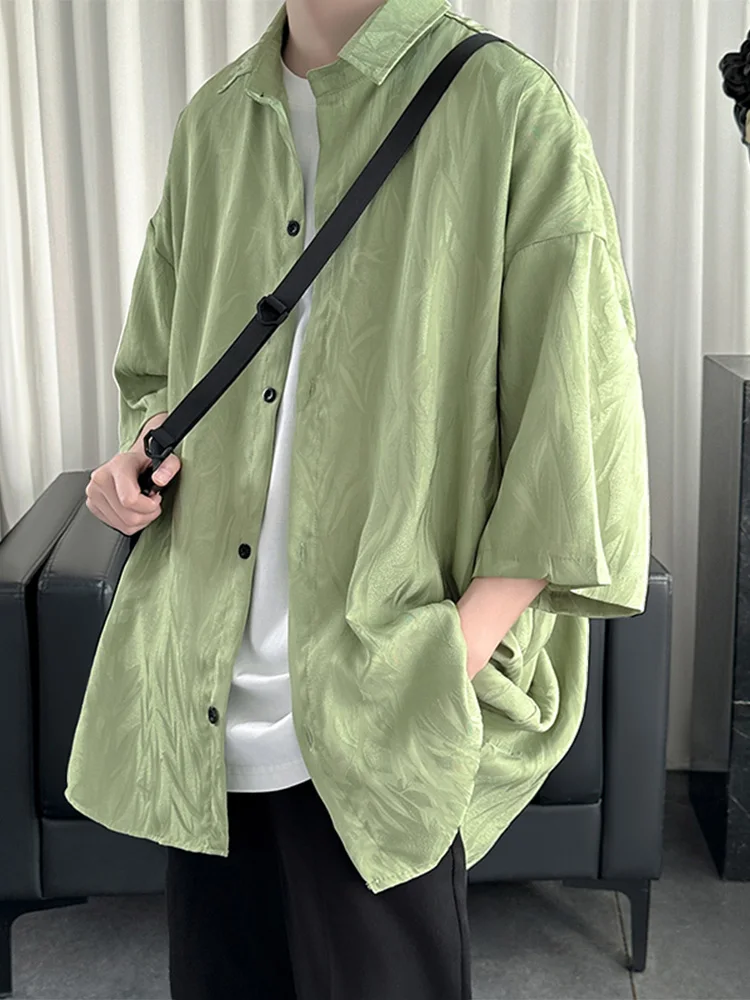 

Avocado een Ice Silk Men's ort Sve irt Summer High-End Drapey Trendy Chinese Sle Seven Sve Buttons Loose Fit