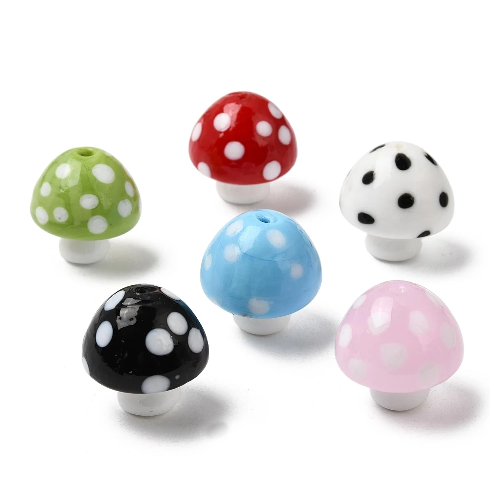KitBeads 10pcs Multicolor Mushroom Handmade Lampwork Glass Beads Polka Dot Loose Beads Jewelry Decor for Bracelet Necklace DIY
