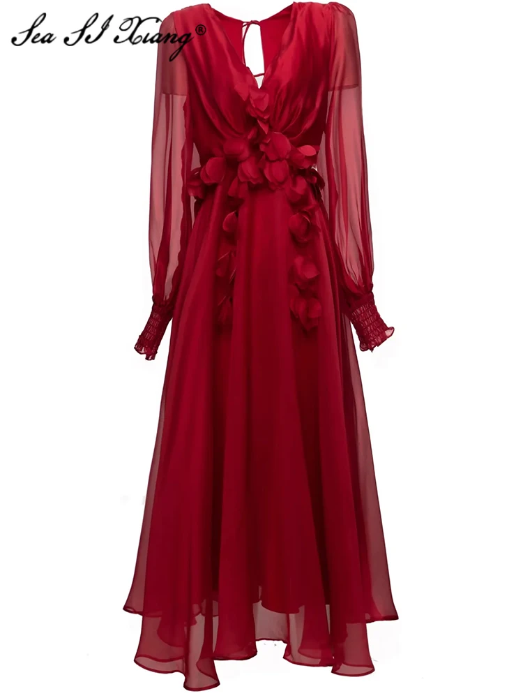 

Seasixiang Fashion Designer Autumn Long Dress Women V-Neck Lantern Sleeve Appliques Red Elegant Party Lace-up Backless Dresses