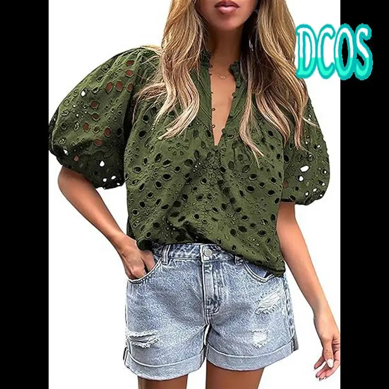 

DCOS-Women's Summer Tops 2025 Dressy Casual Short Sleeve V Neck Buttons Hollow Out Lace Embroidered Blouses Shirts